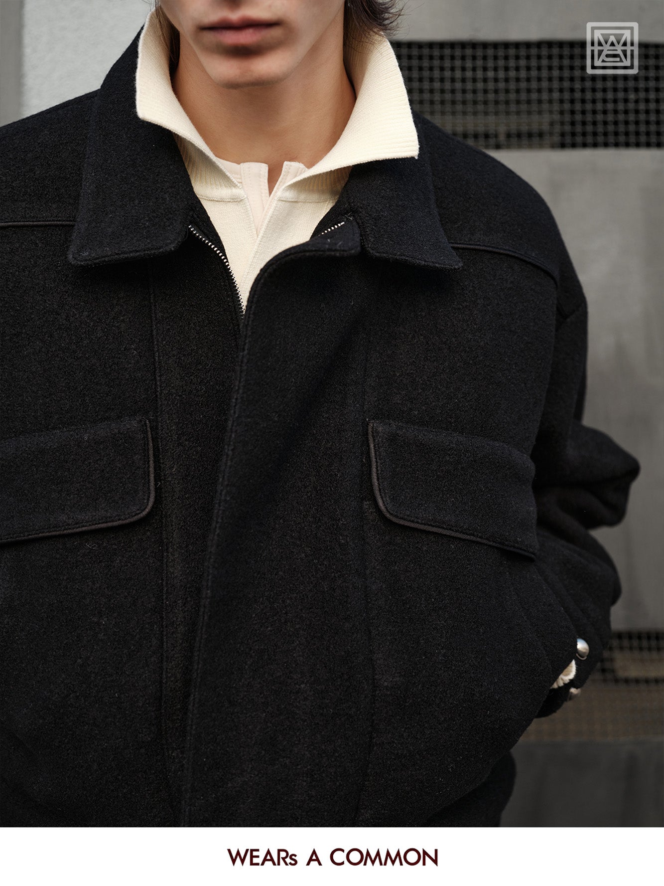 Wool Blend Collared Jacket with Leather Trim