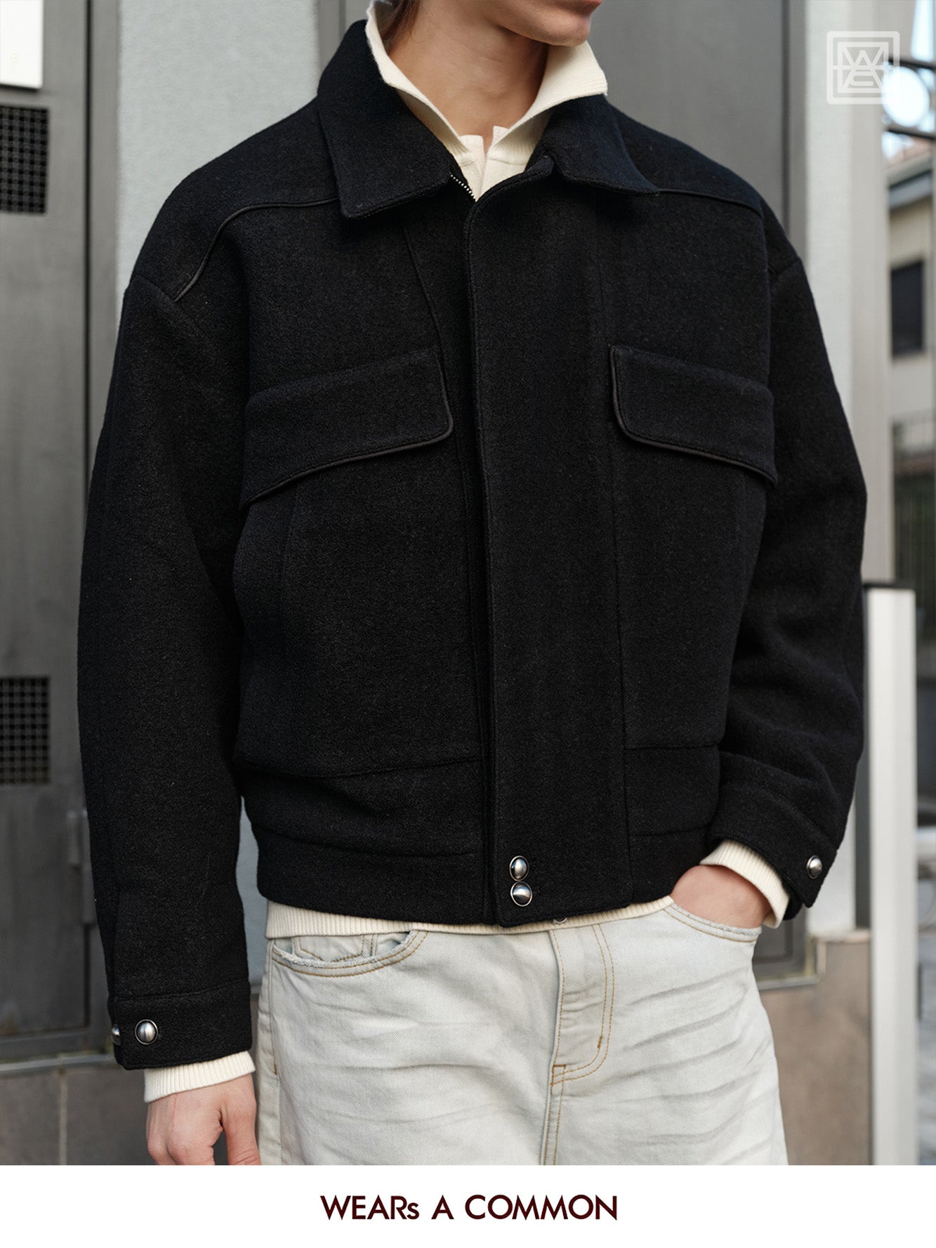 Wool Blend Collared Jacket with Leather Trim