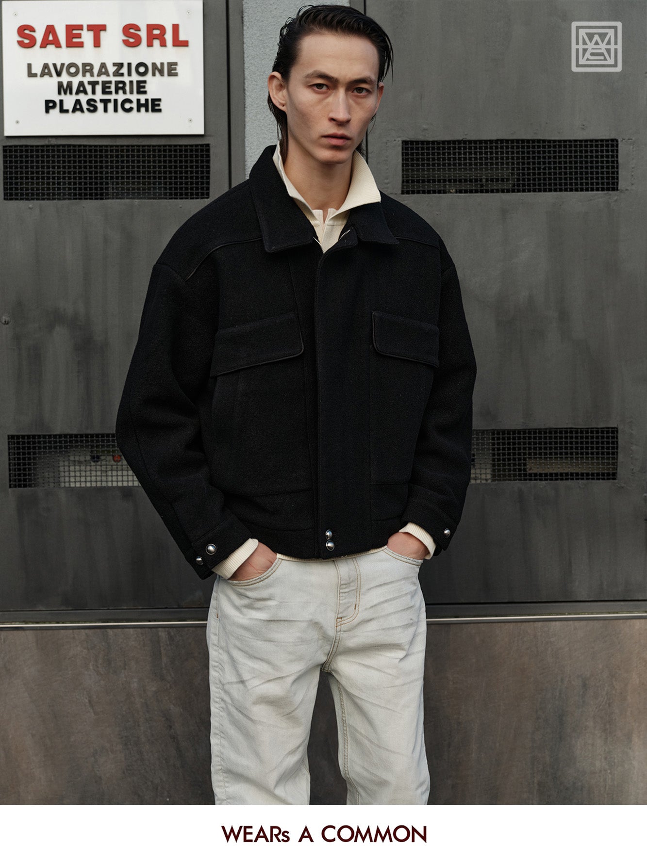 Wool Blend Collared Jacket with Leather Trim